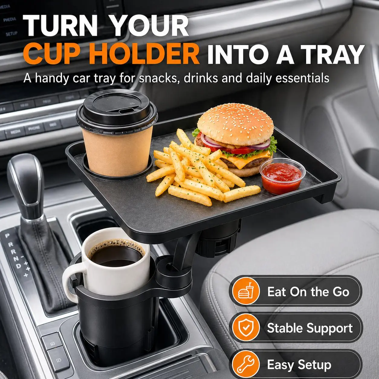 Car Cup Holder Tray, Cup Holder Expander Adapter for Car, 9” Detachable Car Food Tray Table for Eating, Road Trip Essentials Fits Yeti, Hydro Flask 12-40 oz