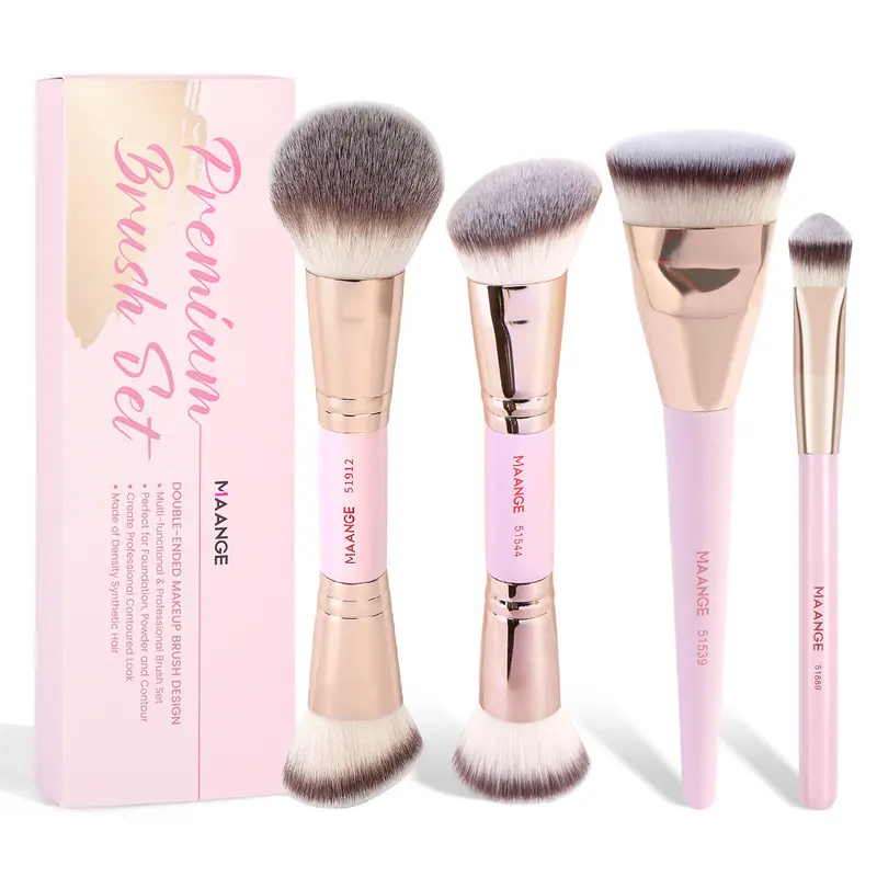 MAANGE Soft Dual-Ended Makeup Blending Brushes Set (4-Count, Pink) - Double-Ended Design, Blend Foundation Brush Sets & Kits for Liquid, Cream or Powder Face Makeup Application