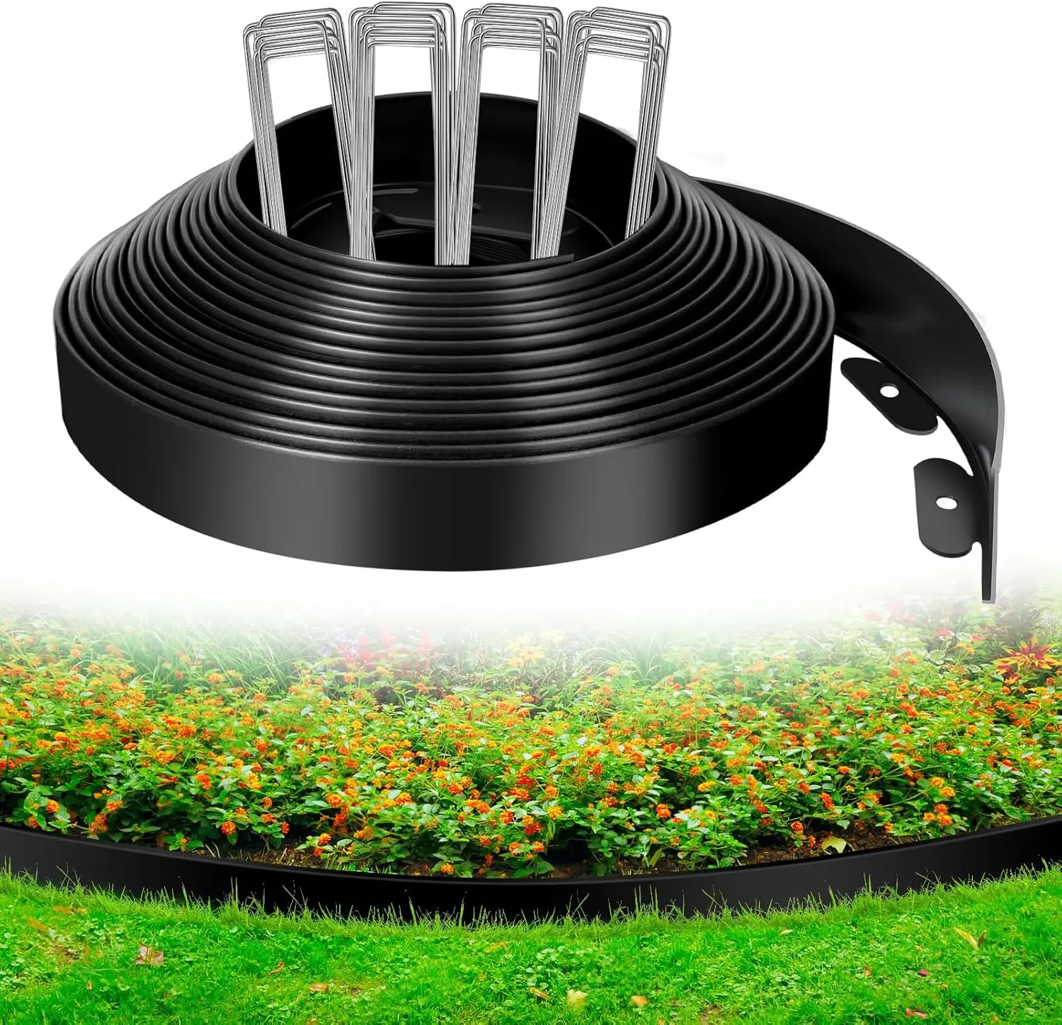 Upgraded No Dig Landscape Edging, 100 ft Heavy Duty Garden Border Edging with Stakes (Strong) & Reinforced Design - Durable Plastic Garden Border for Lawns, Flower Beds, Paver, Pathwa & Patio