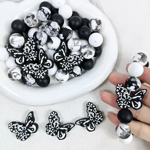 Silicone Beads kit,50pcs Gothic Black & White Butterfly for Earrings Necklaces Bag Chains Bracelets Pens Phone Charms Makeup Brushes Keychains DIY Kit Accessories Perfect for new year & Valentine's Day Gifts