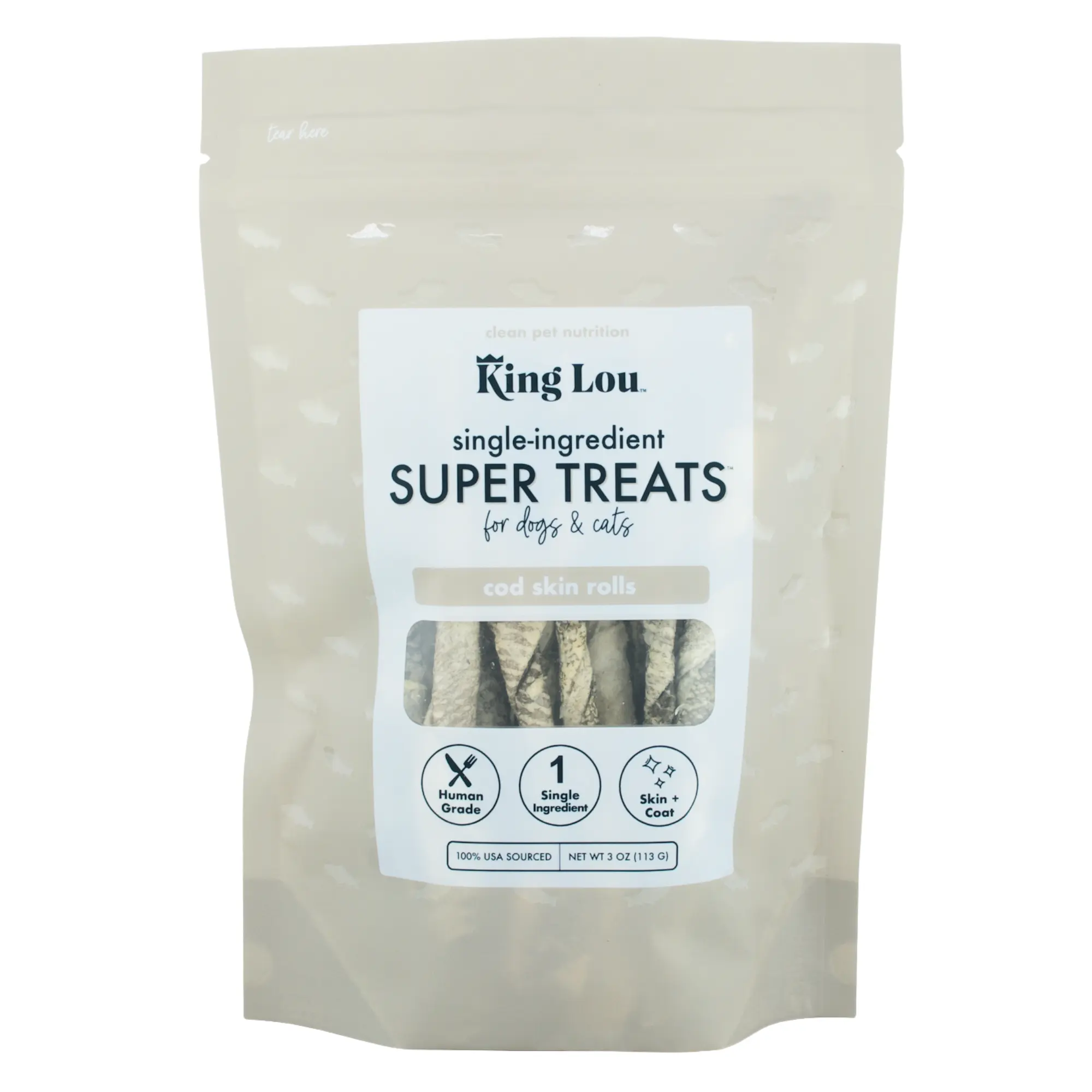 King Lou Cod Skin Rolls - Single-Ingredient Treats for Dogs & Cats, 100% USA, Human-Grade Freeze Dried Raw, Naturally Rich in Omegas for Healthy Skin & Coat