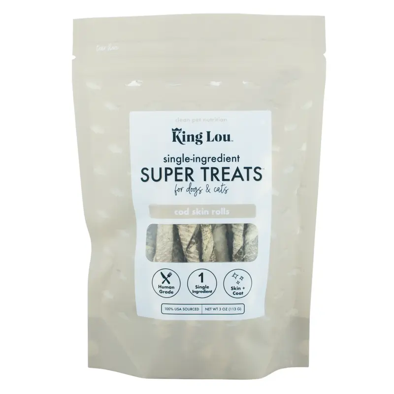 King Lou Cod Skin Rolls - Single-Ingredient Treats for Dogs & Cats, 100% USA, Human-Grade Freeze Dried Raw, Naturally Rich in Omegas for Healthy Skin & Coat