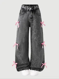 Girls' Dark Wash Loose Fit Jeans, Side Bow Elastic Waist, Casual All Seasons Fashion, Comfortable and Cute Design