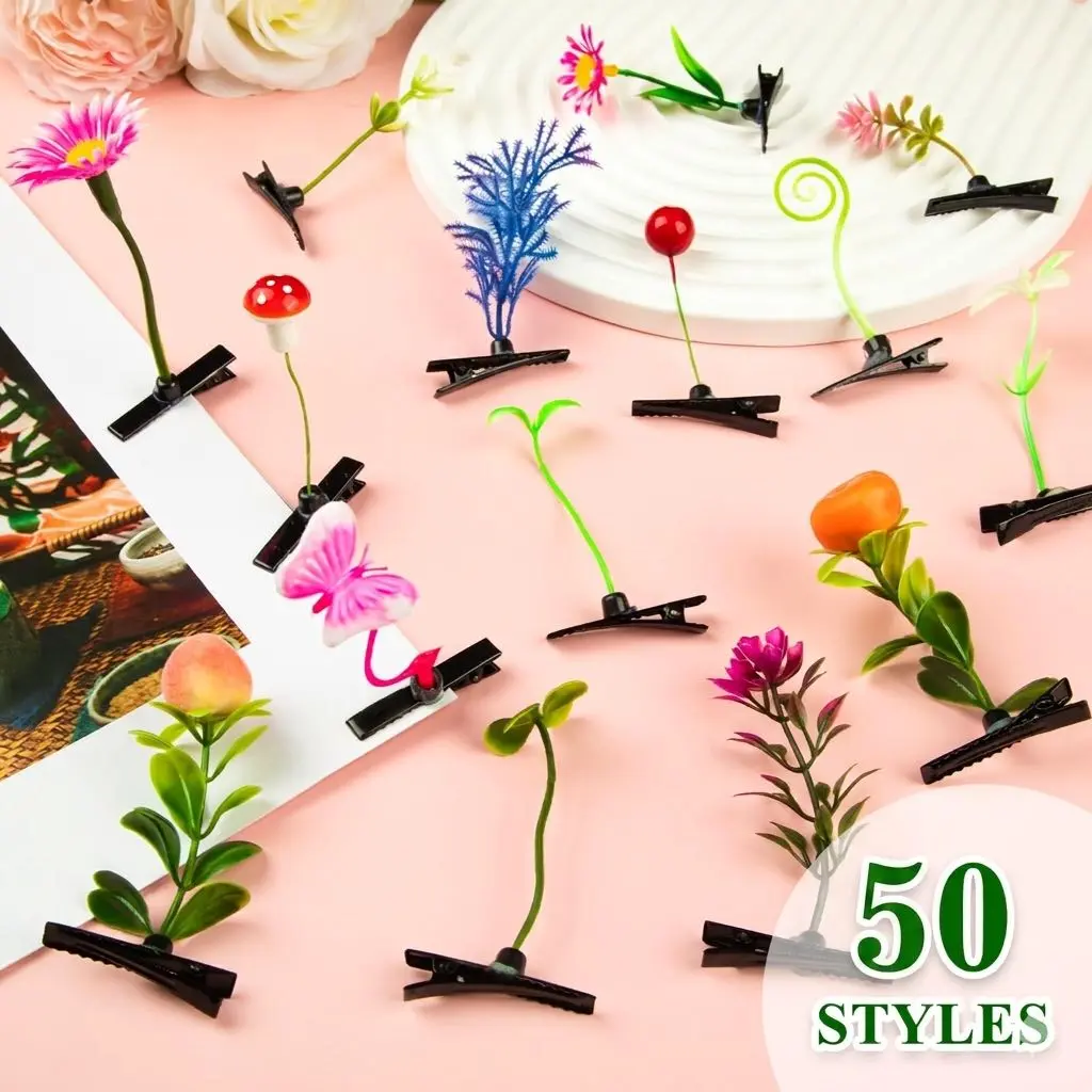 Sprout Clips Mixed Style Plant Hairpins Little Grass Sprouts Rave Clips 50 Pcs Mushroom Clip on Sprout Gift for Women Girls School