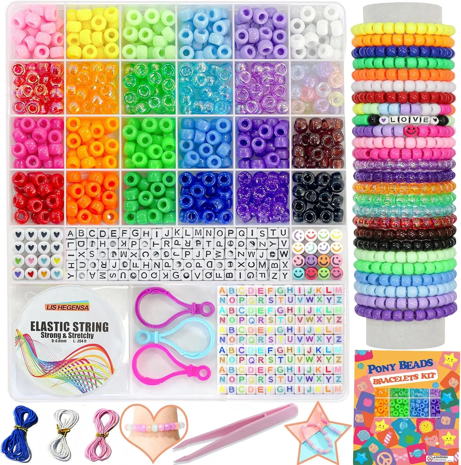 Bulk Plastic Pony Beads Kit - 24-Color, 1000PCS for Girls' DIY Necklace, Bracelet Making & Hair Braiding Crafts