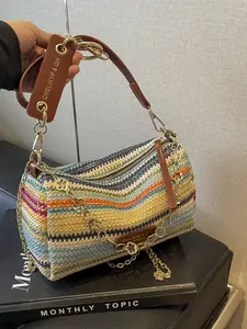 Straw Design Chain Accent Travel Shoulder Bag Crossbody Handbag Vacation Style, All Season Fashion Accessory