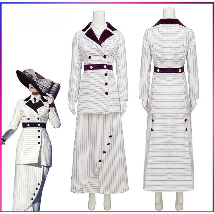 Elegant Female Dress Cosplay Rich Women Costume  Halloween Costume for Women White Striped Dress