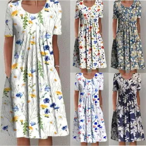 2025 European and American plus size spring and summer women's elegant big swing skirt round neck printed short sleeve dress Casual Womenswear