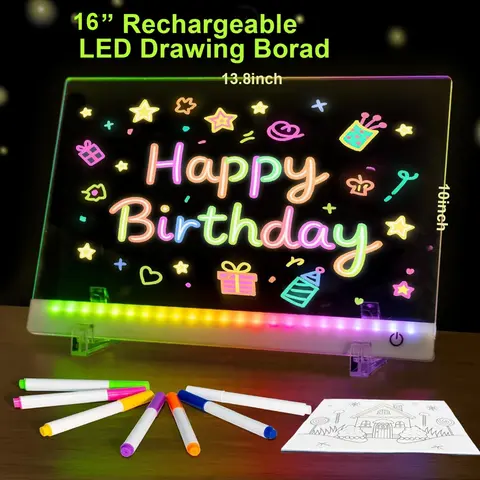 16" Rechargeable Drawing Message Board Neon Light Lamp - 13 Modes Multicolor LED Lights, Fade/Flash Effects, 13.8×10" Glow Area Acrylic Dry Erase Calendar, 8 Line Art Sheets, Stand & Hanging Chain for Kids (Trace & Doodle Back to School Supply)