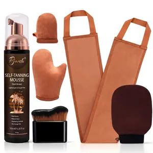 Travel Body Self-Tanning Lotion Set with Bronzing Gloves, 100ML Deep Mousse, Moisturizing Sunless Tan Cream, No UV Exposure Needed