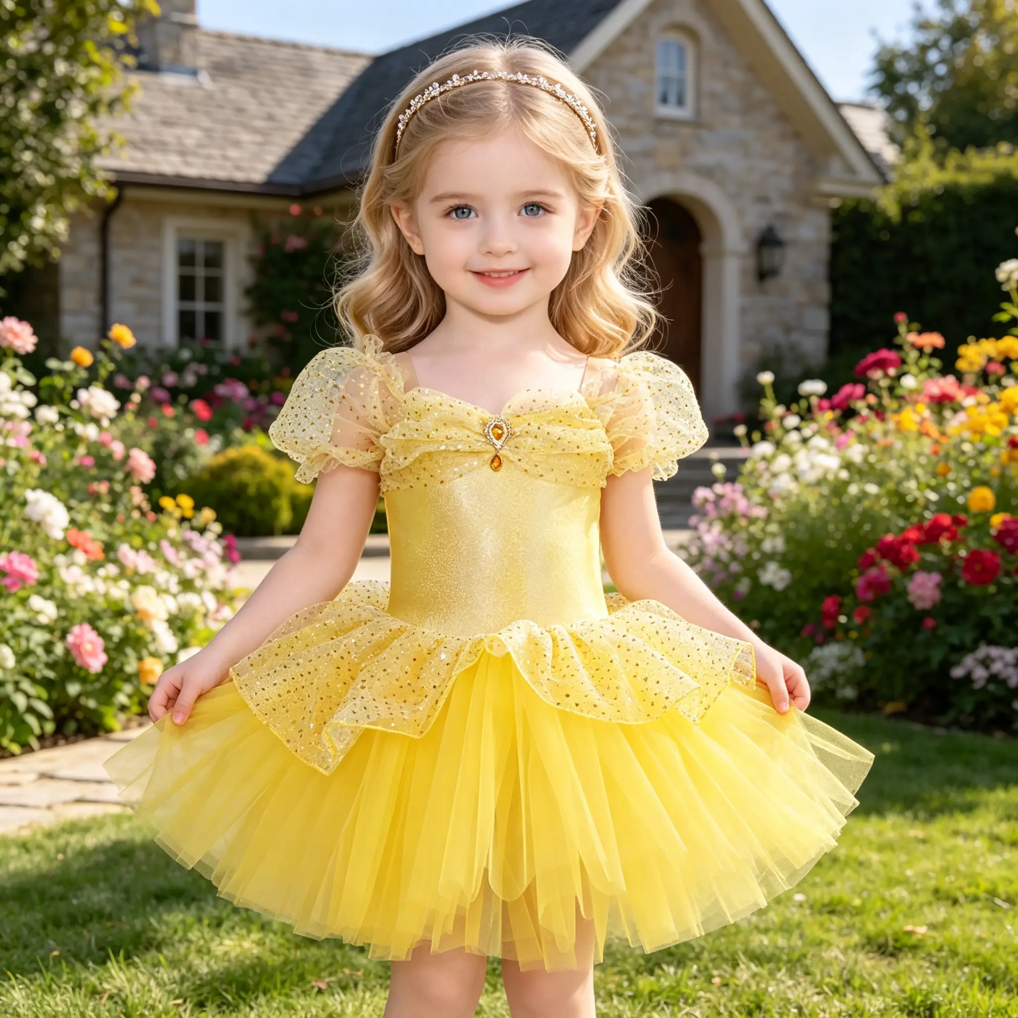 Girls Puff Short Sleeve Gold Glitter Yellow Ballet Tutu Dress Leotard Bow With Gem Layered Tulle Skirt Kids Gymnastics Birthday Party Recital Fairy Dance Costume Toddler Stage Training Outfit