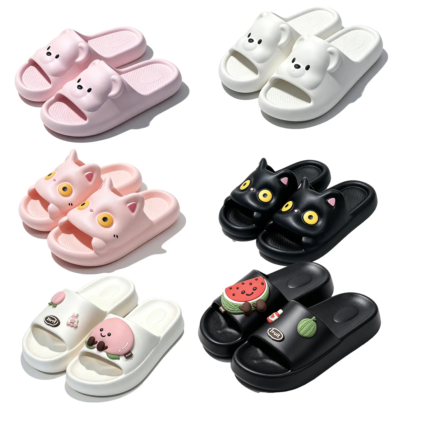 15Pairs Multi-Styles Kawaii Cartoon Cloud Slides, 3D Bear Cat Fruit Decor Thick Platform Pillow Slippers, Soft EVA Non-Slip Quick Dry Shower Beach Sandals for Women Girls Indoor Outdoor Summer