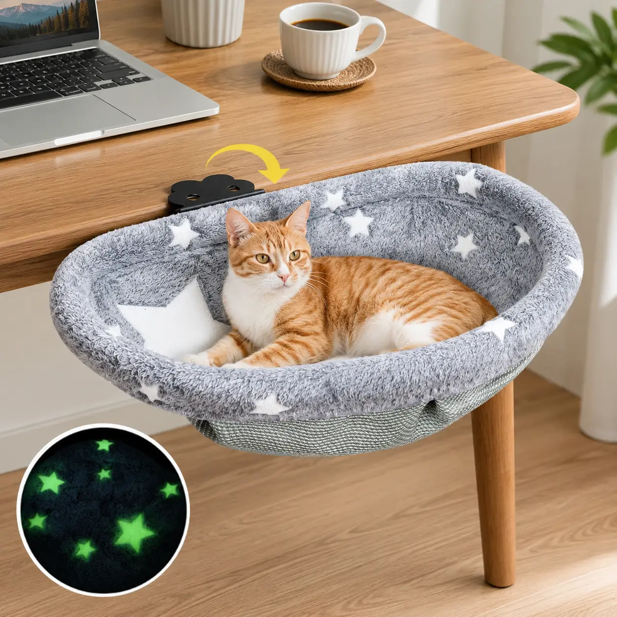 Cat Desk  with Clamp, Glow in The Dark Cat Desk Hammock, Desk Perch with Removable Washable Cover, Sturdy Metal Frame, Supports up to 50 Lbs