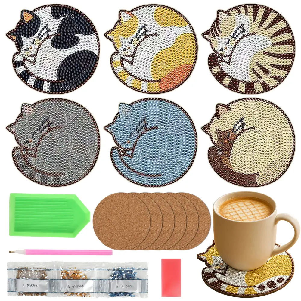 6-Pack Diamond Art Painting Coaster Set with Holder, Non-Slip DIY Dot Paint Craft Mats, Cat-Themed Car Interior Decoration, Cat Lover Gift for Women, Mat, 6 Packs