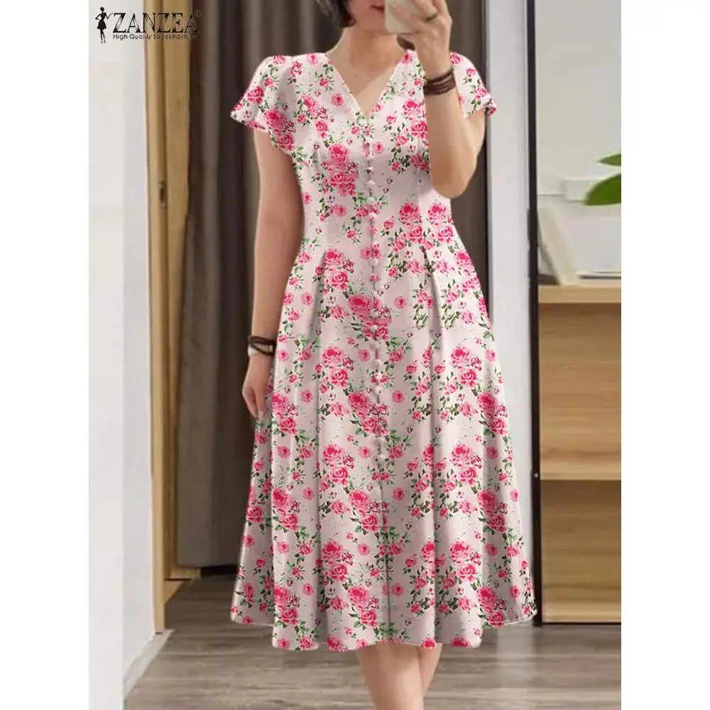 Elegant Floral Dress ZANZEA Women Summer Short Sleeve Party Sundress Robe Femme Causal Holiday Vestidos Bohemain Printed Dresses