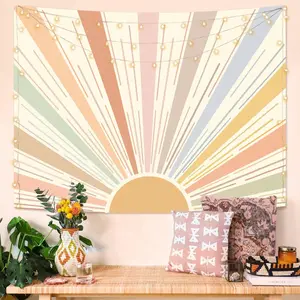 Kanuyee Boho Sun Tapestry Wall Hanging, Retro 70s Abstract Striped Aesthetic Sunrise Vintage Tapestries for Bedroom Living Room 36*48 inch