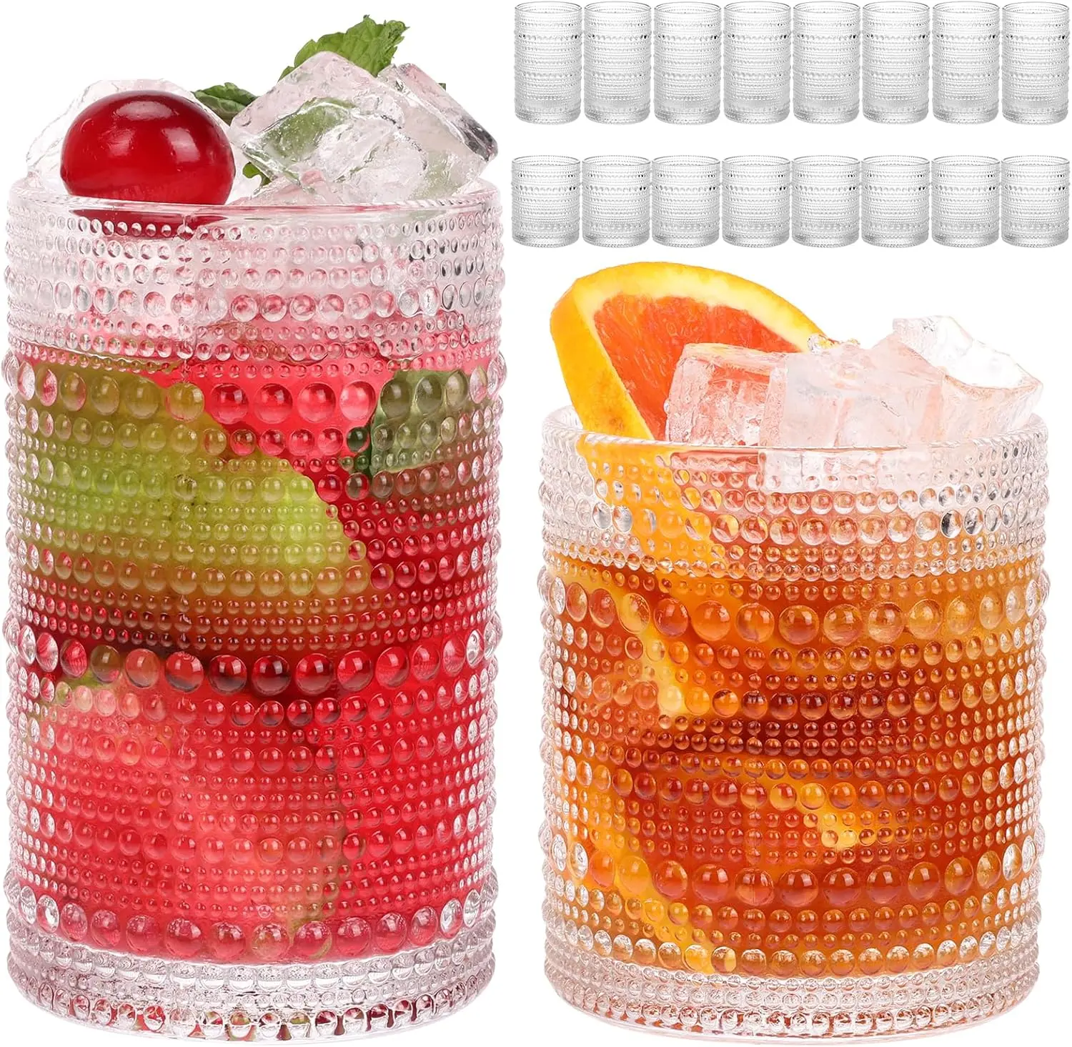 Hobnail Drinking Glasses Set of 16, 12 Oz Highball Glasses & 10 Oz Cocktail Glasses, Clear Embossed Boho Glass Cups Kitchen Bar Tumbler Glassware Set for Whiskey, Beer, Juice, Milk