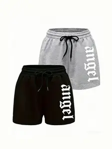 Women's Letter Print Two-Piece Set Adjustable Drawstring Shorts, Loose Fit Knit Pockets Design, Ideal for Spring & Summer Wear Womenswear