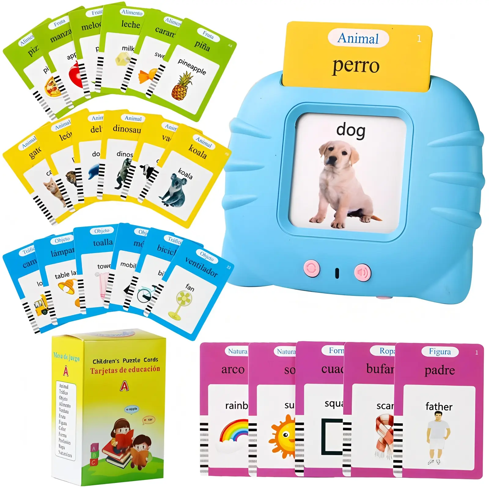 KIDGENIUS Kids Bilingual Flashcard Reader English Spanish Talking Flash Cards Toddler Early Learning Toy Non Screen Educational Toy for 2 to 6 Years Old Safe Durable Vocabulary Building Fun Interactive Learning