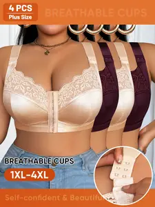 4-Pack Women's Plus Size Wire-Free Bralette, Unpadded Lightweight Breathable Lace Comfort Bra Set, Full Coverage Medium Support, All Seasons