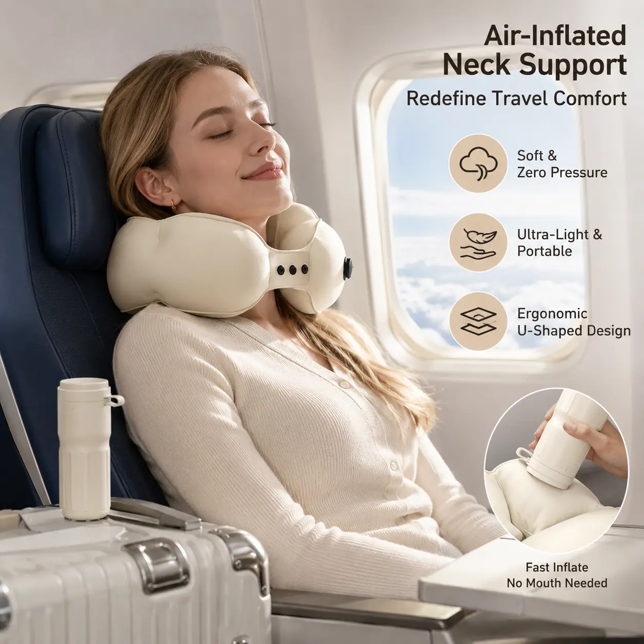1 Count, Inflatable U-Shaped Travel Neck Pillow, 5 Adjustable Buckle Settings Portable Lightweight Neck Support for Airplane and Daily Travel Rest