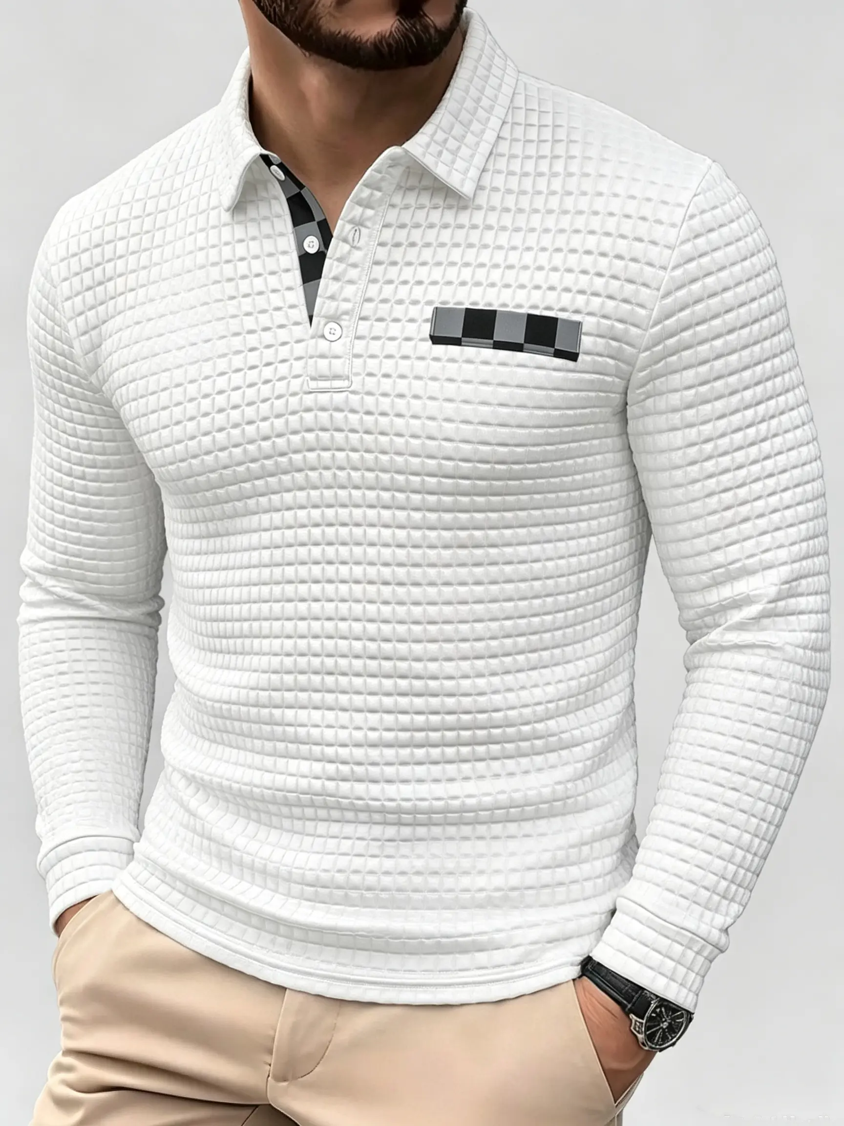 Men's Long Sleeve Polo Shirt, Textured Knit Collared Shirt, Casual Slim Fit Pullover Top, Business Casual Golf Shirt For Men