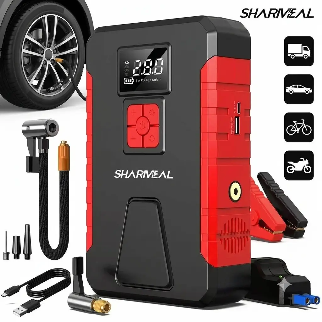 SHARMEAL 5-in-1 Car Jump Starter with 6000A 16800mAh 12V Battery Booster, 150PSI Air Compressor Tire Inflator, Portable Power Bank, Emergency LED Light for All Gas/Up to 10L Diesel Engines, Outdoors Road Trip Automotive Essentials