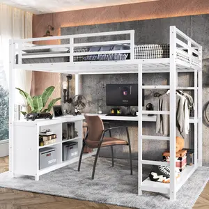 Style Queen Size Metal Loft Bed with Wardrobe L Shaped Desk Storage Shelves for Children Teens Adults White Space Saving Solid Metal Frame Convertible Sleeper Sofa Glass Display Sliding Door Buffet Over Toilet Cabinet Height Cross Legged Ergonomic H Gamin