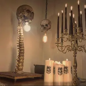 Halloween Skull Skeleton Lamp Horror 3D Statue New Table Light Creative Party Ornament Prop Home Bedroom Decoration Scary Prop Resin Material Button Battery Bulb High-Quality Halloween Decoration Ideal Gift