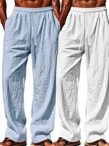 2pcs Men's Loose Fit Casual Linen Hiphop Beach Sports Wide Leg Long Pants, Breathable Comfortable Summer, Trendy Streetwear