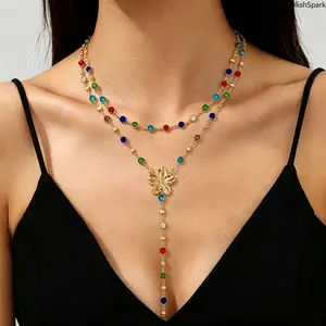 2-Layer Colorful Bead Flower Y-Drop Necklace - Gold-Silver Boho Stacked Lariat Chain, Vintage Adjustable Whimsical Statement Sports & Outdoor Accessory