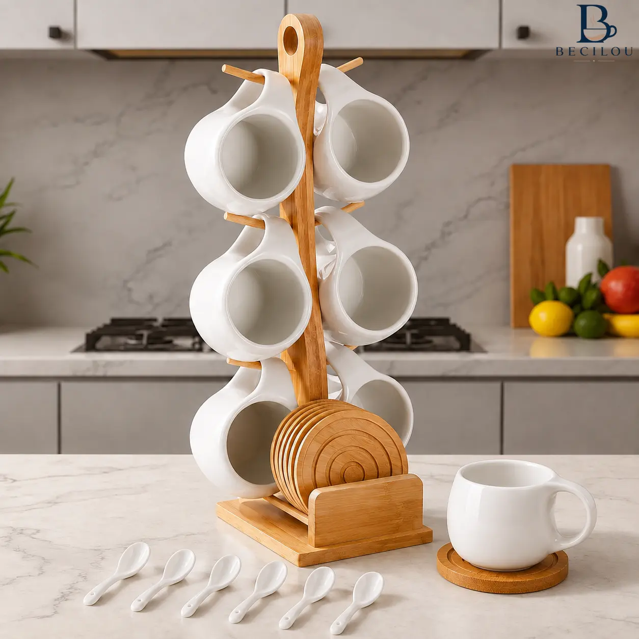 BECILOU Ceramic Coffee Cup and Saucer Set - 6 Cups & Saucers with Stable Wooden Rack, Everyday Multifunctional Bamboo Tableware for Home, Party Use, Kitchen Drinkware for Coffee Shops - Stylish Holiday Giftfor Friends & Christmas