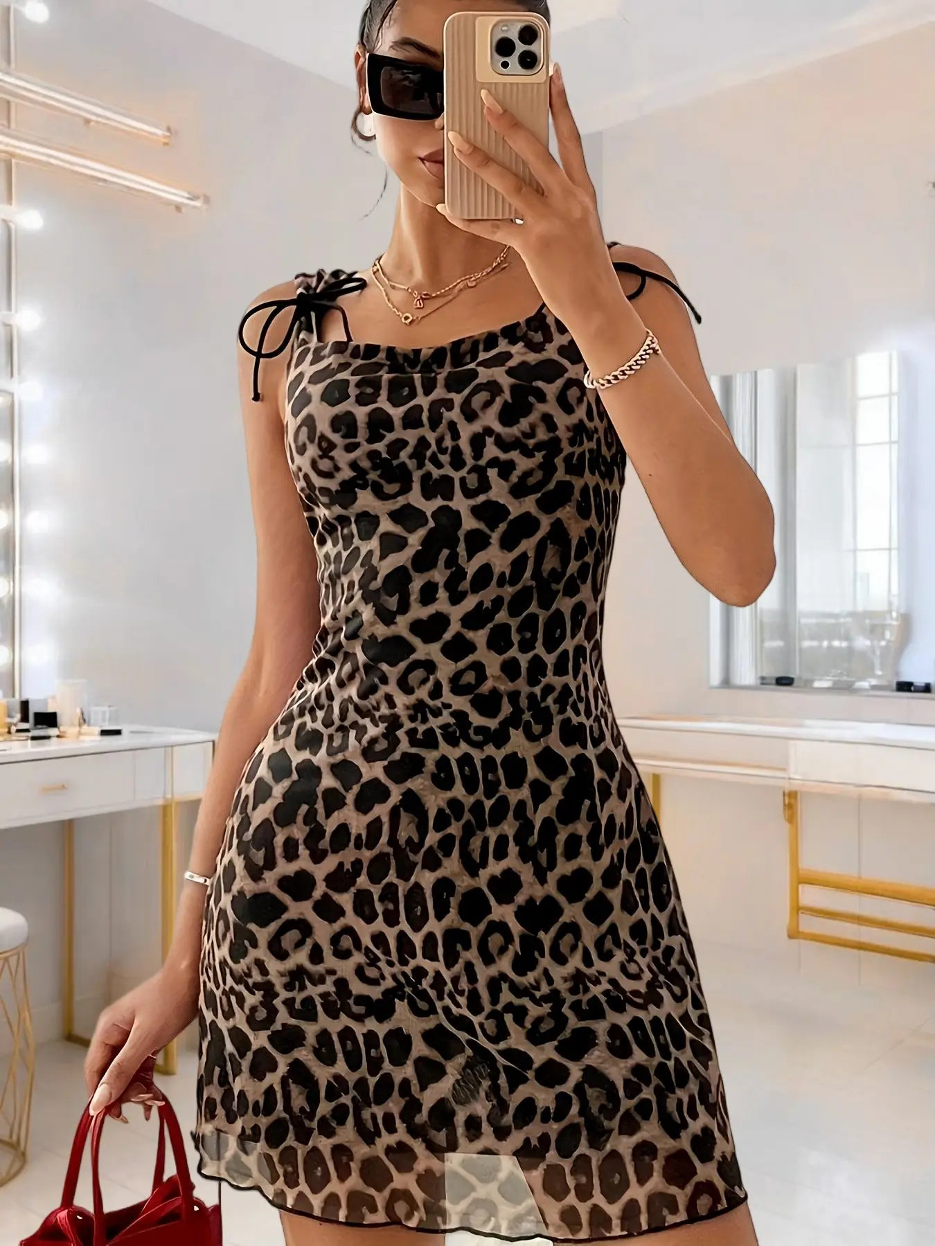 Tiger Print Halter Short Dress with Shoulder Straps, Double Layer Skirt for Playful Atmosphere, Stylish Fit Casual Chic Sleeveless Wear Women's Summer Fashion