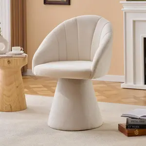 Chenille Swivel Accent Armchair, 22" W Comfy Vanity Chair with Curved Backrest & High Cylindrical Base, Upholstered Dining Chair for Living Room, Study (Beige)