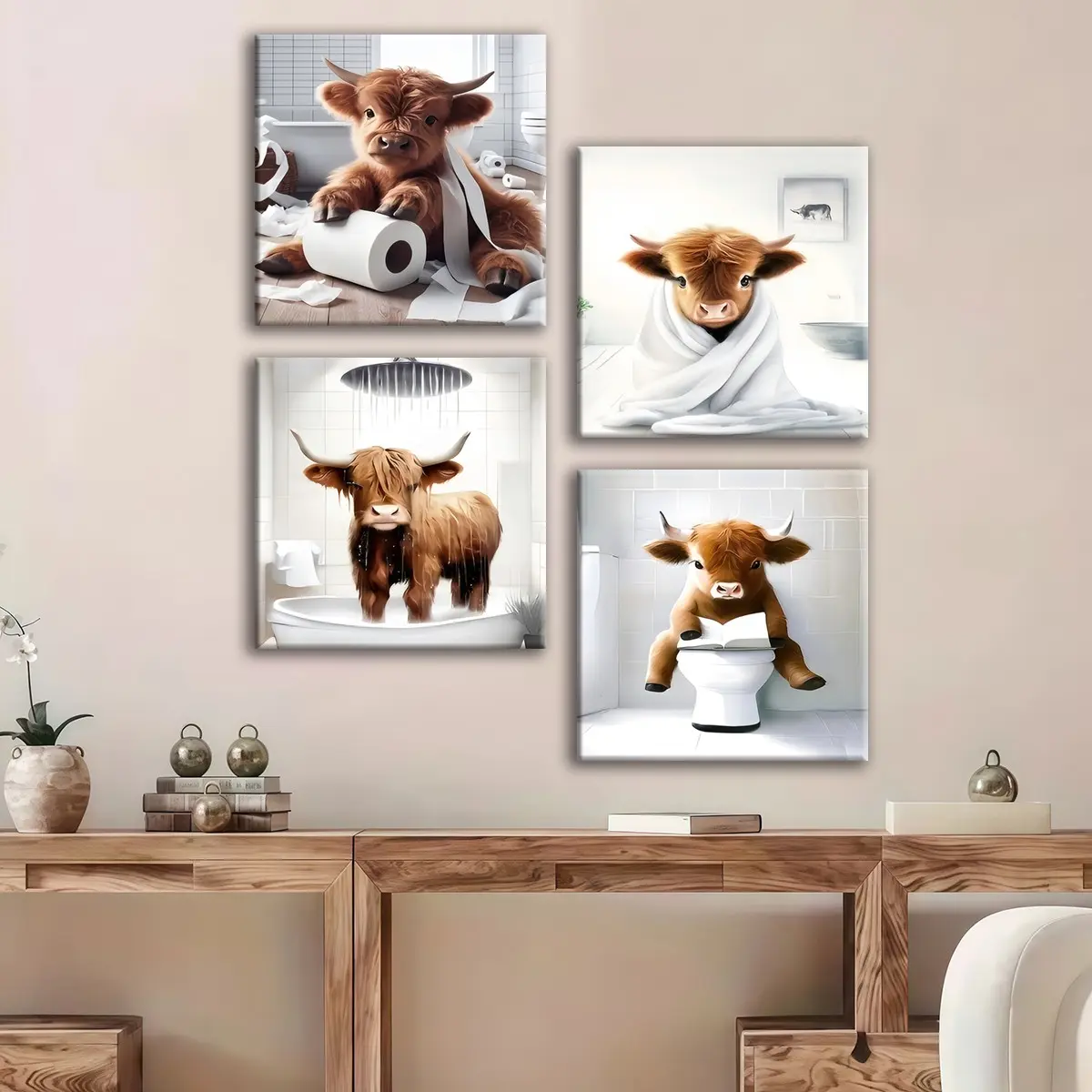 4-count wooden frame canvas, Decoration Items, healing animal bathroom funny atmosphere decorative poster, office bedroom decoration, family poster, corridor wall hanging painting, waterproof art, Art Prints, Wall Decor Pictures, Modern Home Decor