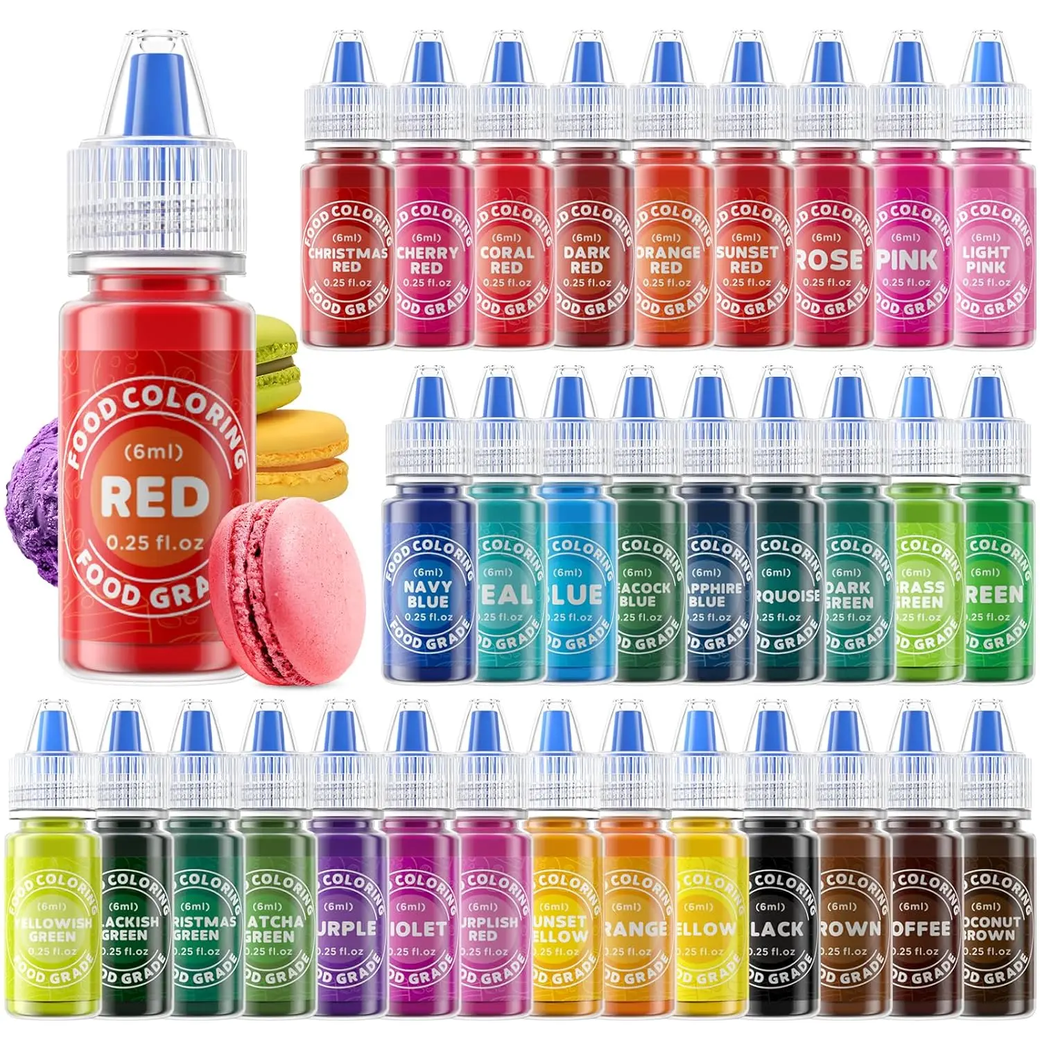 Nata Bake Cream Edible Liquid Food Coloring Set - 33pcs 0.25 oz Bottles with Blue, Yellow, Red Options, Vegetarian, Sugar Free for Baking, Buttercream, Cake Decorating, Cookies, Biscuits
