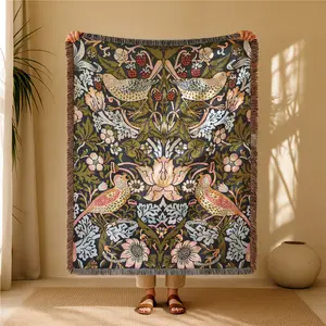 Flowers And Birds Pattern Floral Bohemian Yarn Jacquard Woven Throw Blanket with Tassel, Thick Soft Washable Blanket, Used for Home Decor Sofa Chair Bed Tapestry Tablecloth Floor Garden Picnic Outdoor Camping