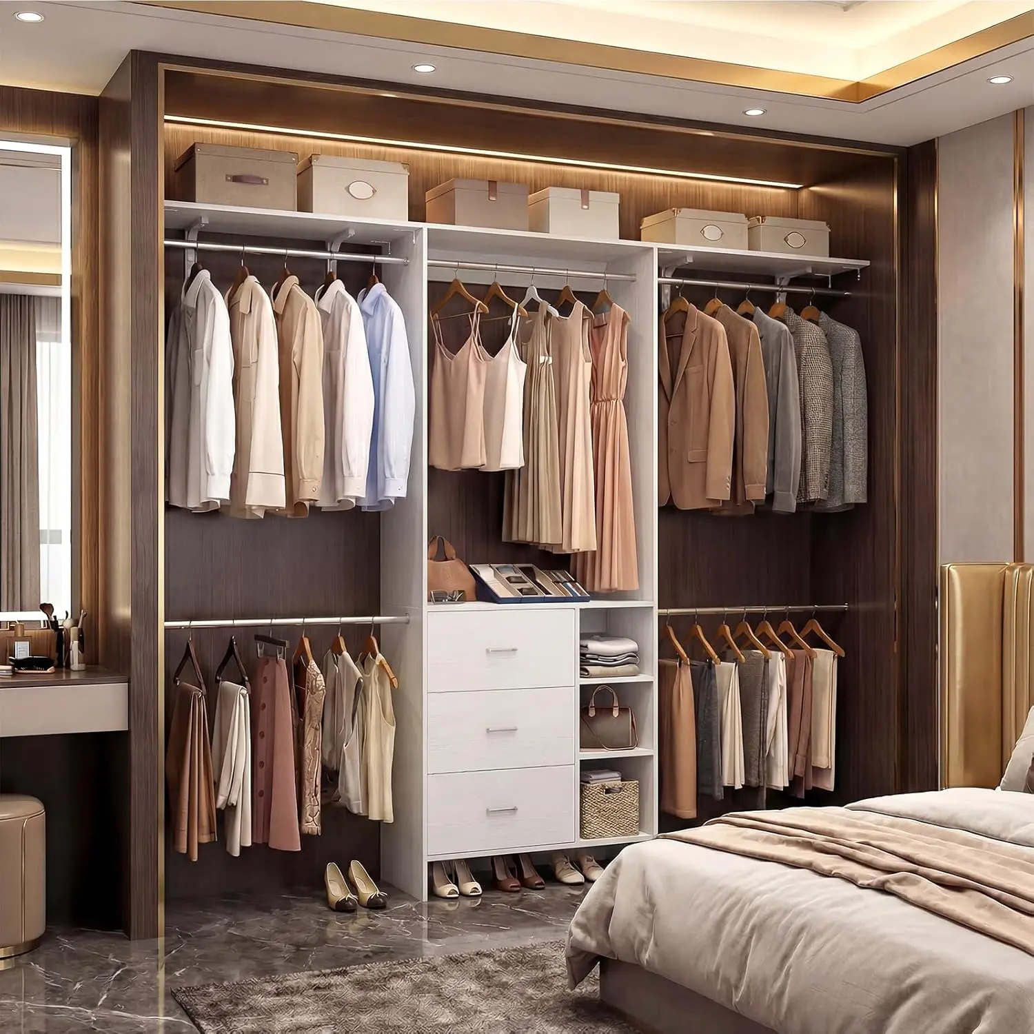 Cyclysio Wall Mount Waterproof Wooden Closet Organizer System - 8FT, 5 Hanging Rods, 3 Wood Drawers, 400+ Clothes Capacity, Expandable 5.3-9FT (8 to 11 Range), 60 in & Above, Customizable Closet Organization Wardrobes