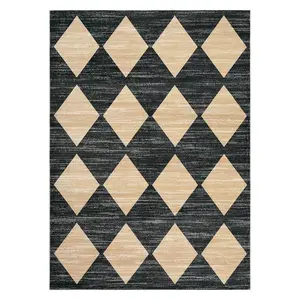 8 x 10 ft Polyester Black/Taupe Rectangular Living Room Bedroom Dining Room Modern Geometric Diamond Print Machine Washable Area Rug