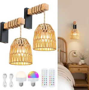 Boho Rattan Wall Sconces Set of Two, Battery/Rechargeable Woven Lantern Wireless Wall Light/Lamp for Bedroom Home Decor