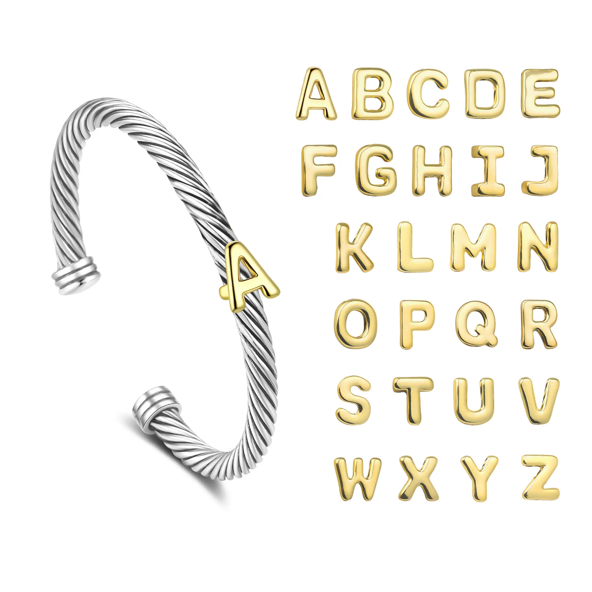 Aprilery DIY A-Z Letter Cable Cuff Jewelry – Two-Tone Open Bangle Bracelet, Personalized Gift for Women