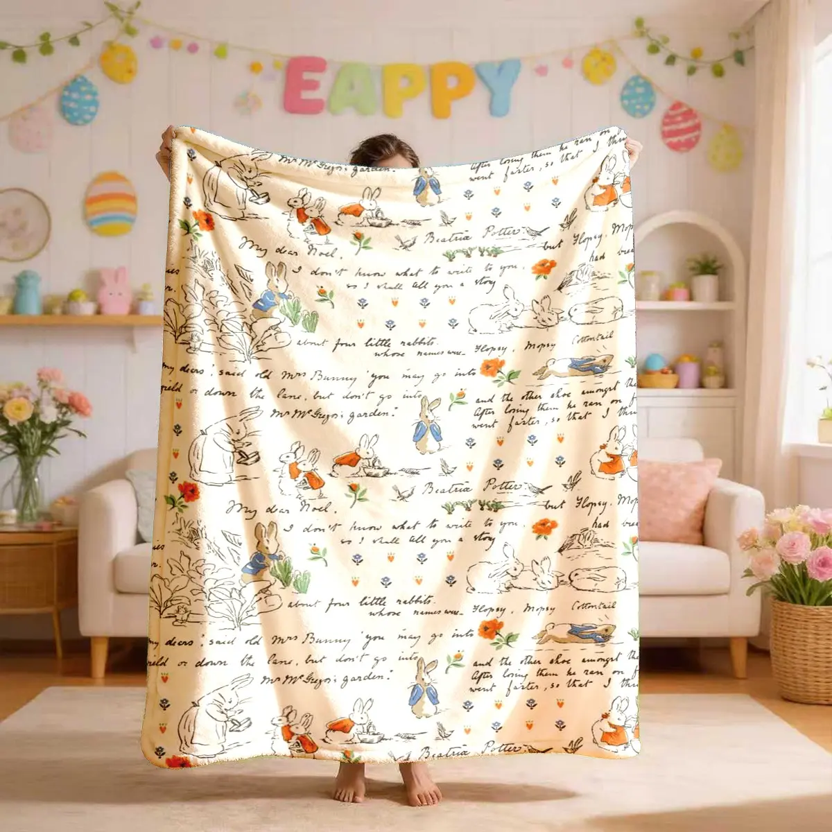 Peter Rabbit Vintage Line Art Letter Theme Flannel Throw Blanket, Large Size, Soft Lightweight Warm, Cozy Blanket, Perfect for Bed Sofa Office Camping Travel, Napping Sofa Blanket