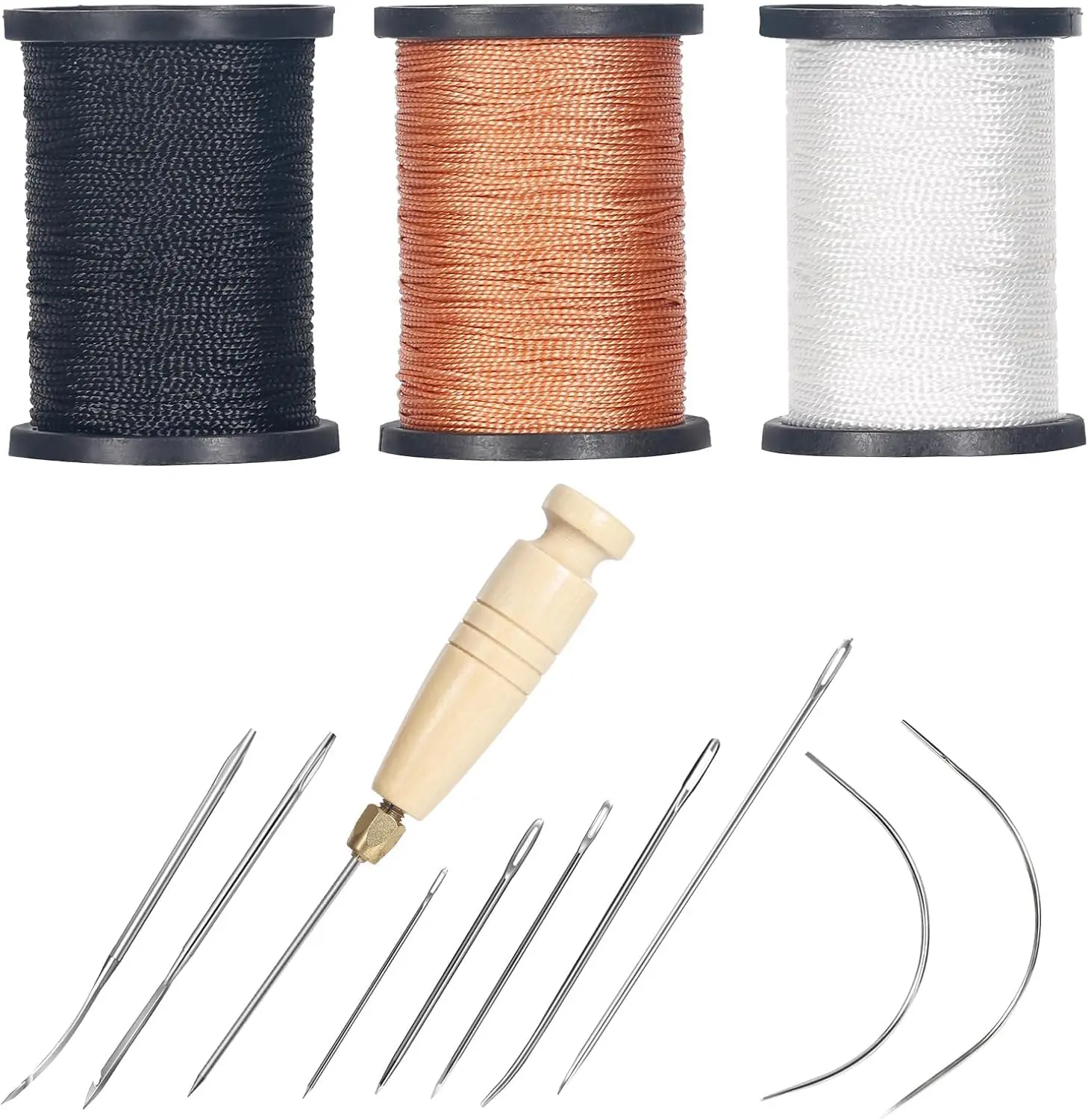 3Pcs Spool Nylon Thread Sewing Kit,80 Yards Each,Heavy Duty Needles (5 Straight,2 Curved),Sewing Awl,Ideal for Upholstery,Leather,Shoes & DIY Crafts Handmade Gifts Handcraft