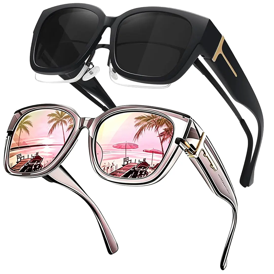 Oversized Polarized Sunglasses for Glasses Wearers-Women's Fit Over Prescription Sun Glasses-Square Full Rim Plastic Frames Mirrored Polarized , UV400 Protection, Trendy Sunglasses, Unisex Fashion Accessory for Summer Wins,Women's Sunglasses