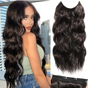 Halo Hair Extensions 20 Inch Invisible Wire Hair Extensions with Adjustable 4 Clips on Soft Transparent Lace Black Brown Hair Extensions Natural Upgrade Long Wavy Hair Extensions for Women