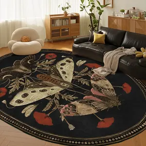 Vintage Gothic Butterfly Oval Rug, Plush Floral Carpet for Living Room & Bedroom, Round Decorative Mat with Anti-Slip Pad