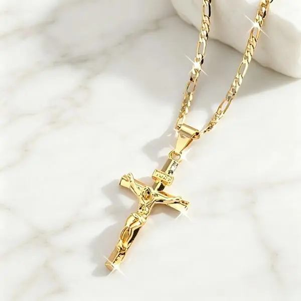 Men's Gold-Plated Jesus Crucifix Cross Necklace Pendant, Retro Smooth Figaro Chain, Non-Tarnish Faithful & Classic Faith Religious Jewelry, Ideal for Easter Graduation Gifting (Party Supplies, Retro Cross Style, Stays Tarnishfree)