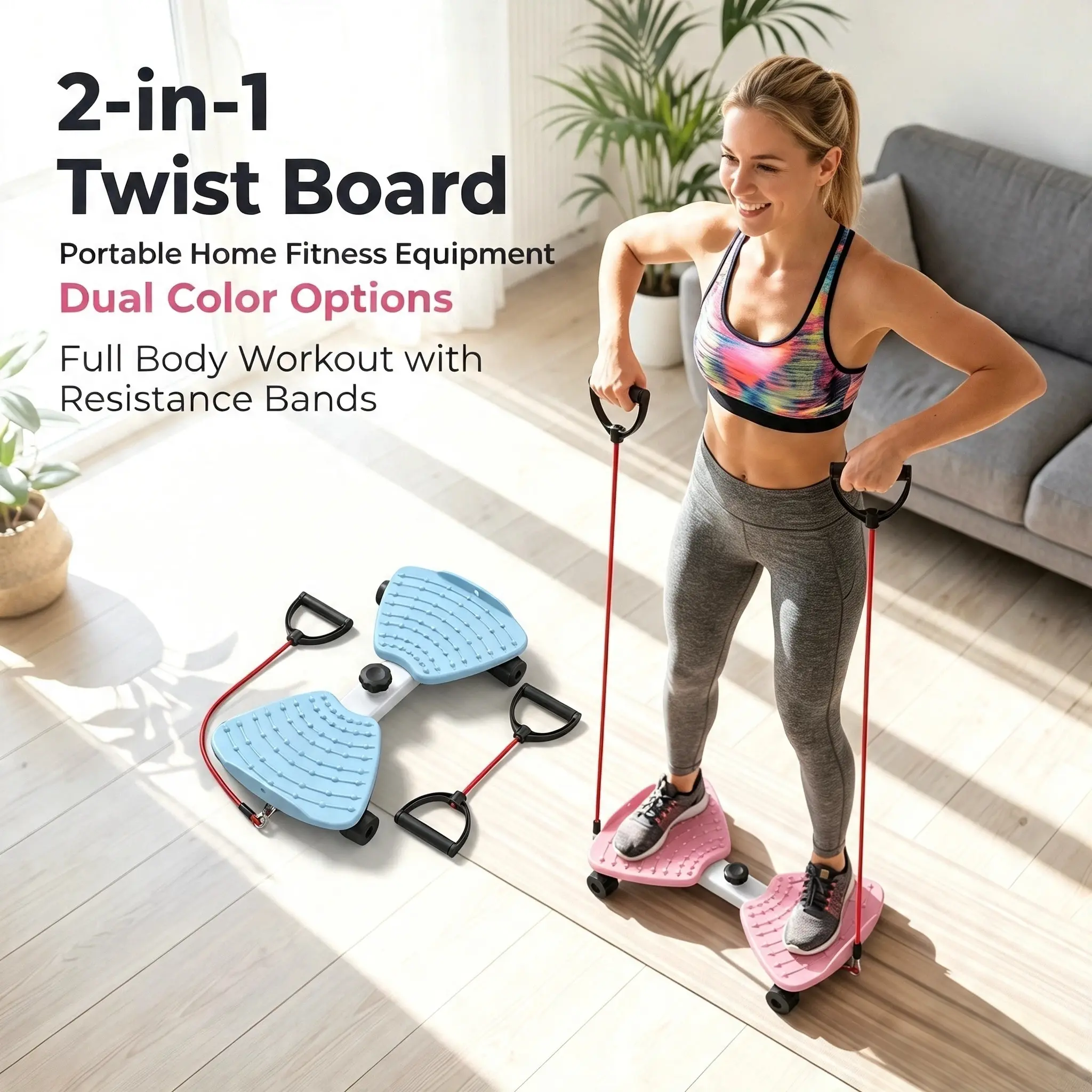 Unisex 2-in-1 Compact Twist Board with Resistance Bands - Anti-Slip, Adjustable Intensity Multifunctional Fitness Equipment, Portable Core Exercise Tool for Home Gym Whole Body Workout, Anti-Slip Mat