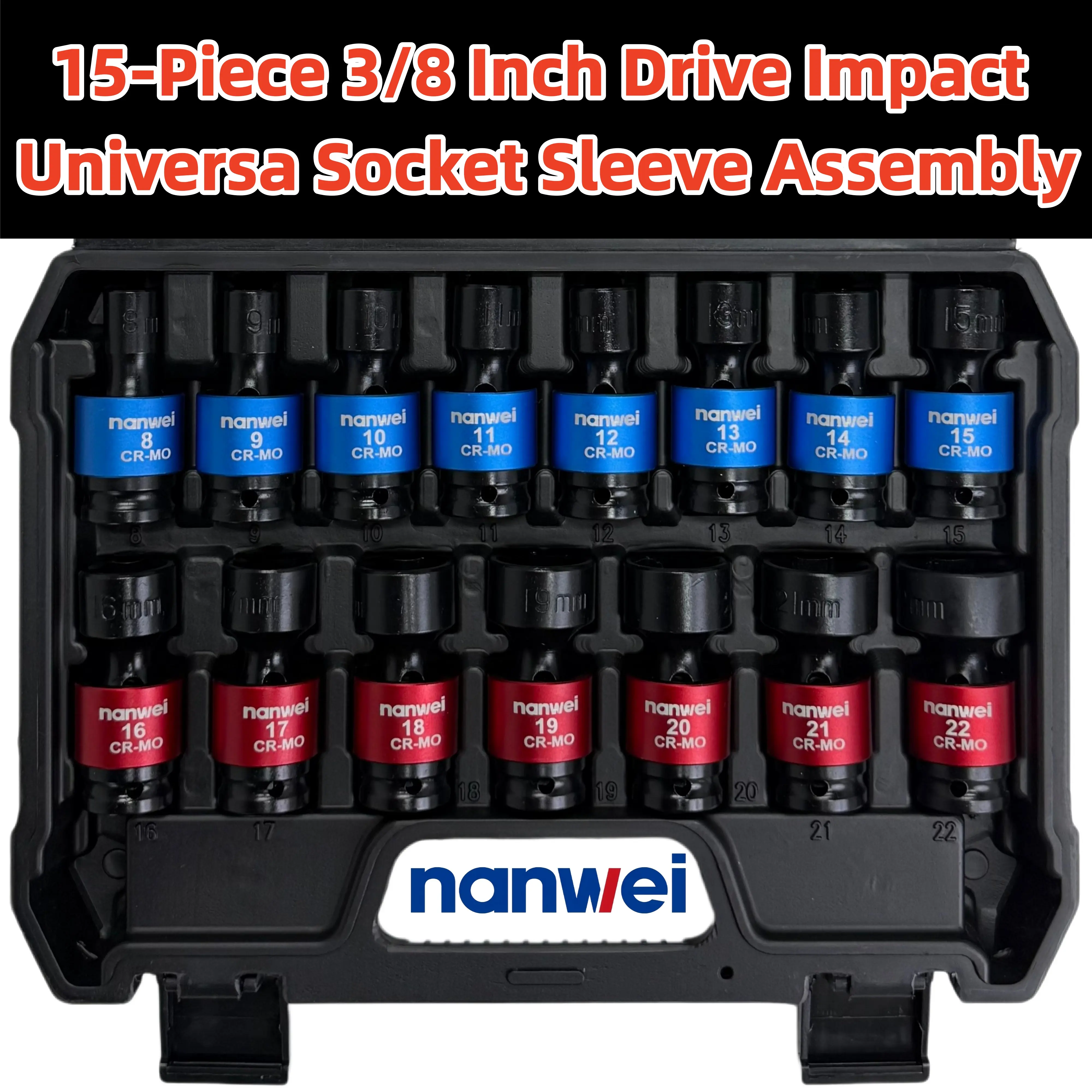 15Pcs 3/8 Inch Drive Universal Impact Socket Set, Metric 8-22mm CR-MO Swivel Flexible Joint Socket Wrench Bits, Color Coded Impact Sockets with Hard Storage Case for Auto Garage Repair  , heavy duty hand tool. chrome molybdenum steel