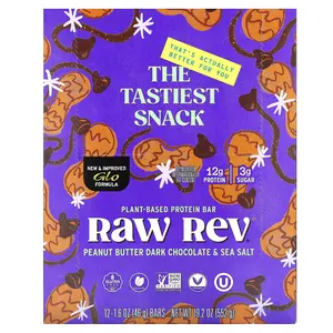 Raw Rev Plant-Based Protein Bar, Peanut Butter Dark Chocolate & Sea Salt, 12 Bars, 1.6 oz (46 g) Each